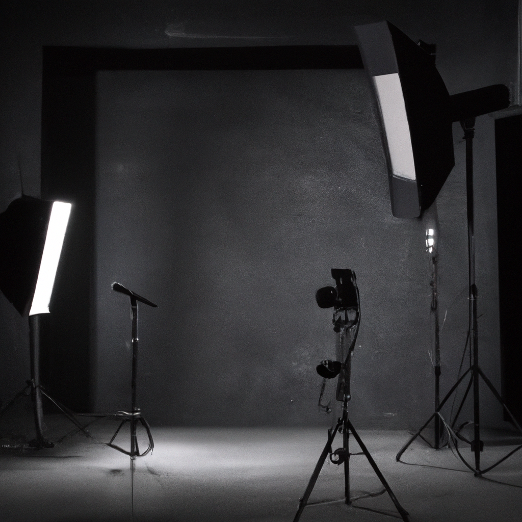 Interior de fotostudio con softboxes, trípodes y pared de concreto mate con iluminación cinematográfica