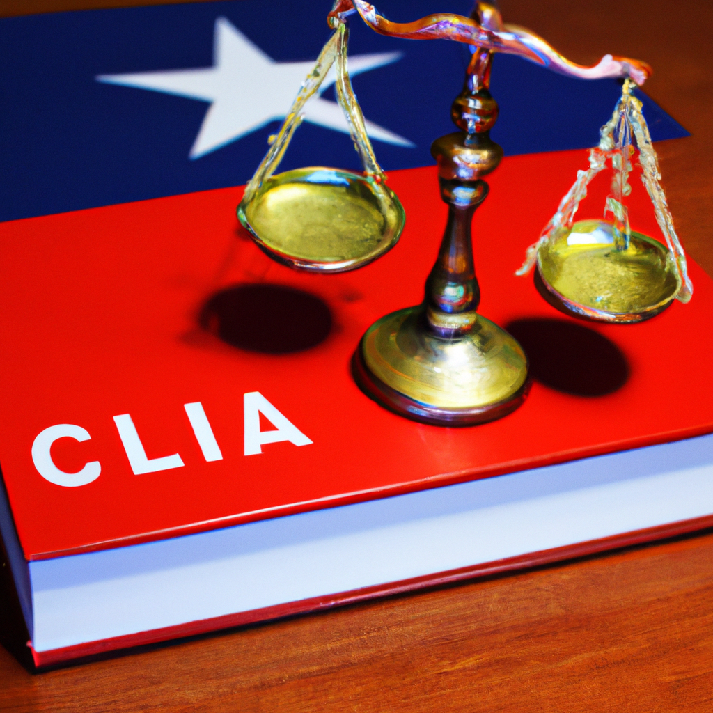 Balanza, libro legal y bandera de Chile sobre mesa, foto de alta calidad